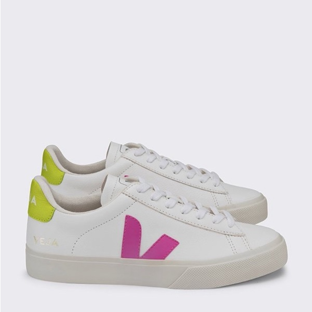 Veja Campo Cromefree White Sneakers with Pink and Green Accents